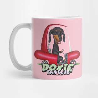 Cute Doxie Dog driving hotdog golf cart on Black Dachshund Driving Golf Cart Mug